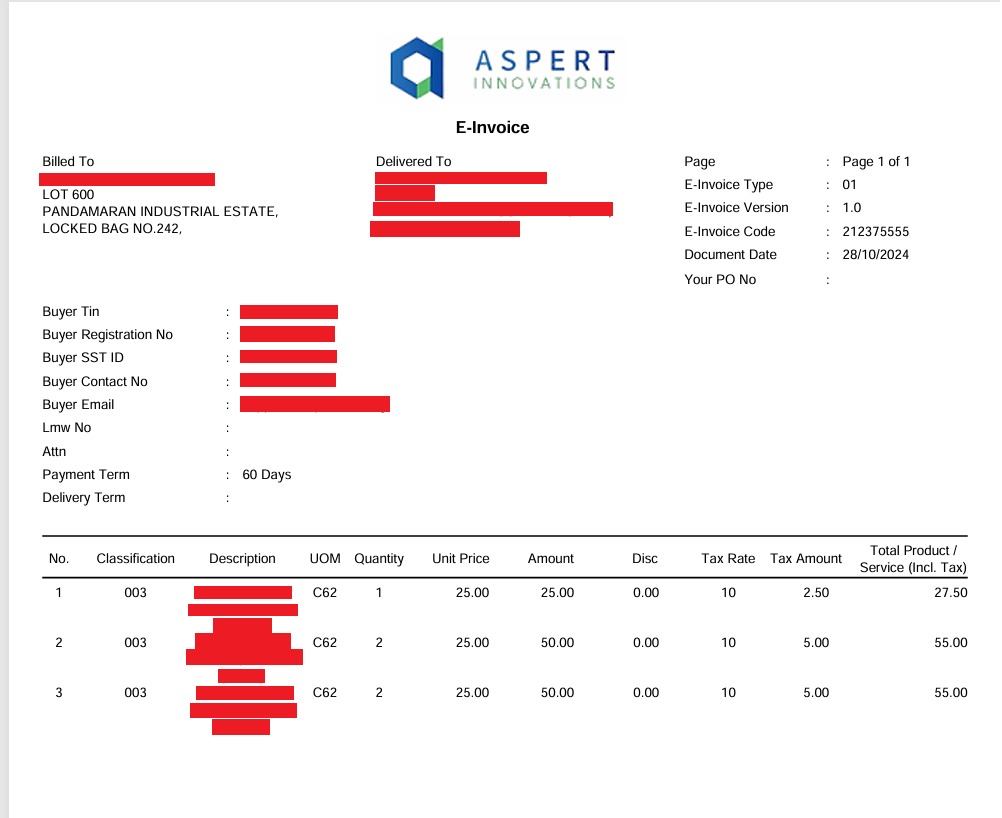 E-invoice template | Types of E-invoices in Malaysia | Aspert Innovations